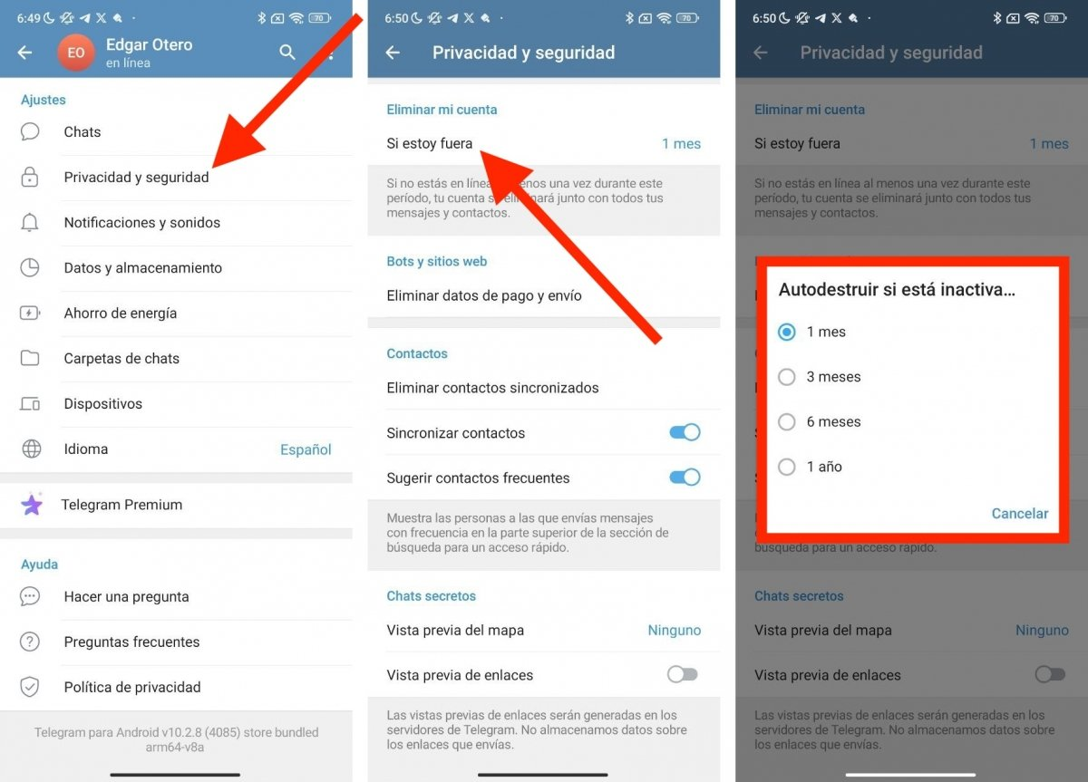 autodestrucción de cuenta de Telegram