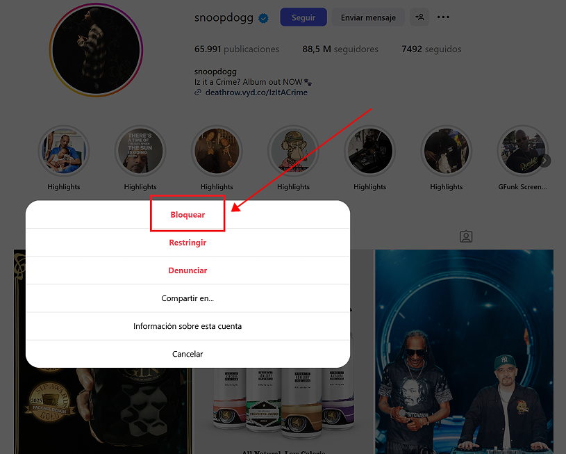 Ir al perfil de la persona en instagram.com para bloquearla