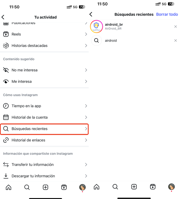busqueda recientes de instagram