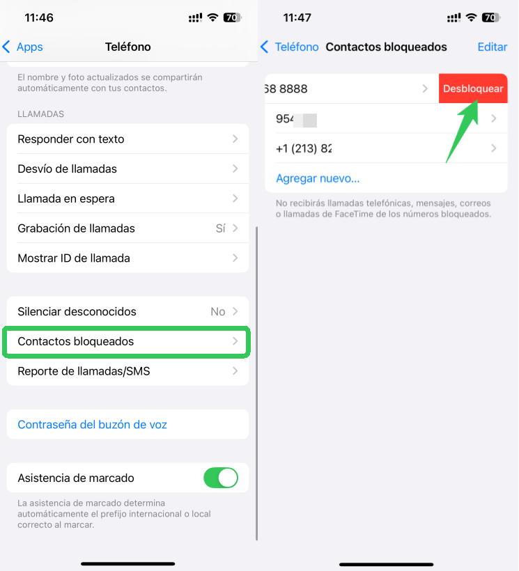 desbloquear desde contactos bloqueados ios