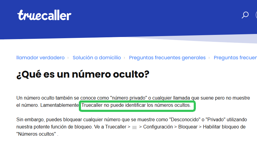 truecaller no puede identificar los números ocultos