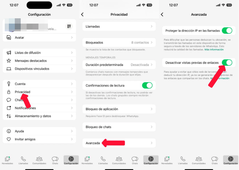 desactivar vista previa de enlace en whatsapp