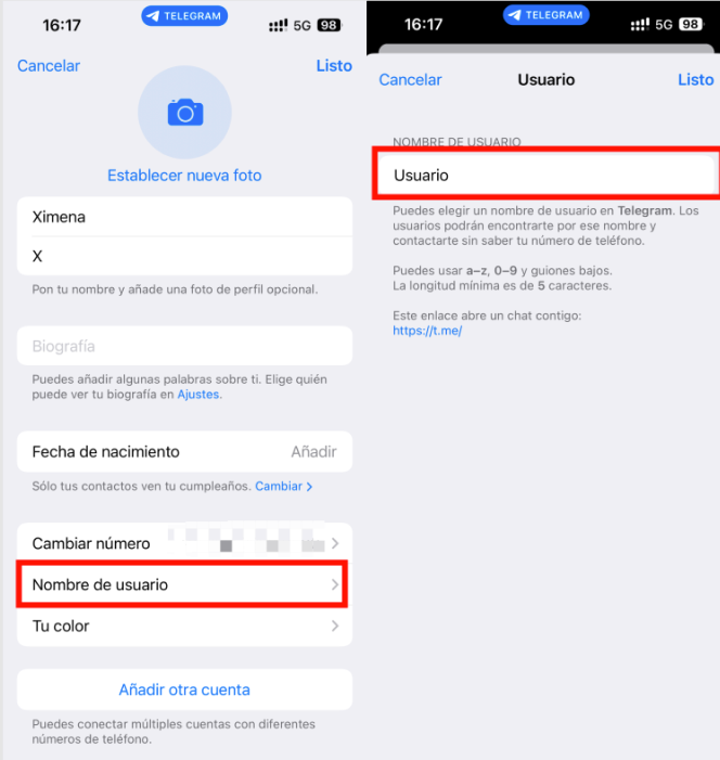 eliminar el nombre de usuario de Telegram
