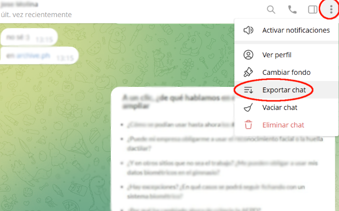 exportar el historial de chat de Telegram en el escritorio