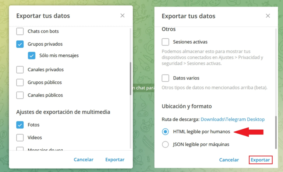 exportar datos de telegram