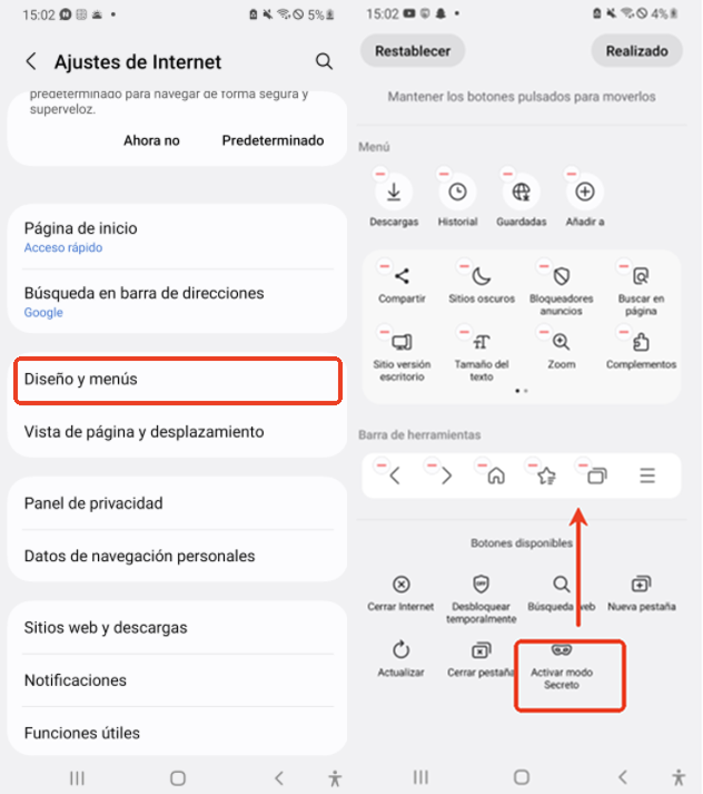 arrastra el acceso directo Activar modo secreto a la barra de herramientas
