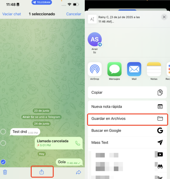 guardar mensajes de Telegram en el iPhone