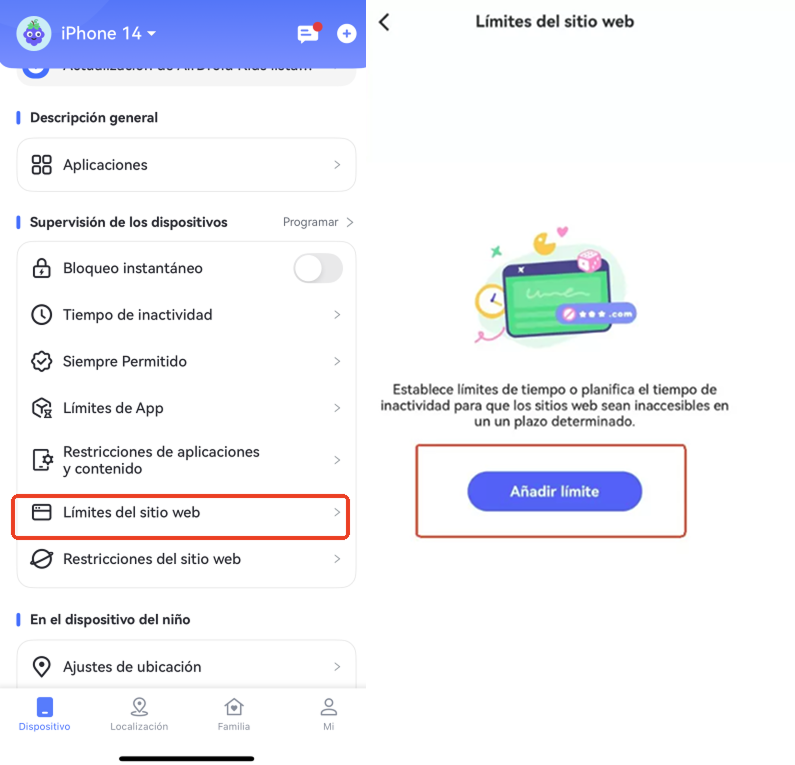 pulsa Añadir horario en Límites del sitio web para iPhone
