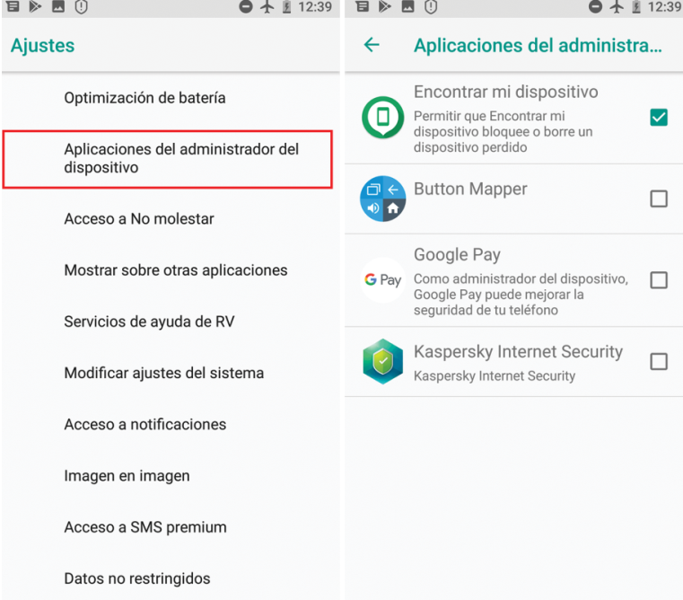 administradores del dispositivo