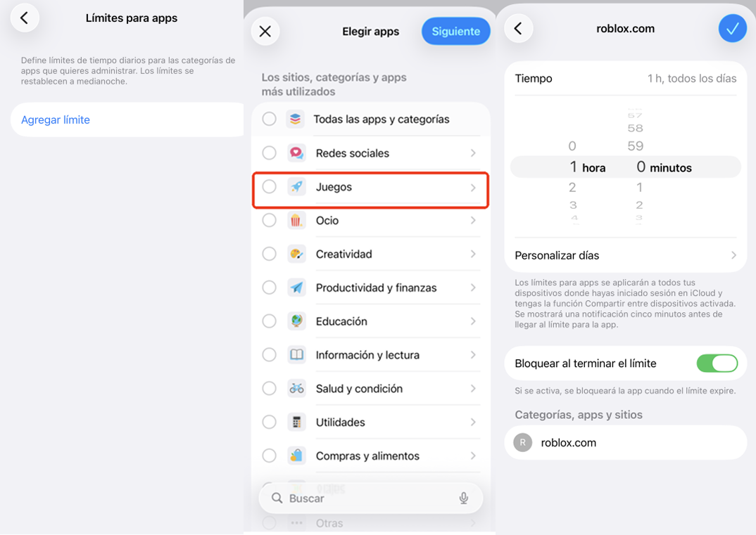 Bloquear Roblox en el iPhone mediante los límites de app