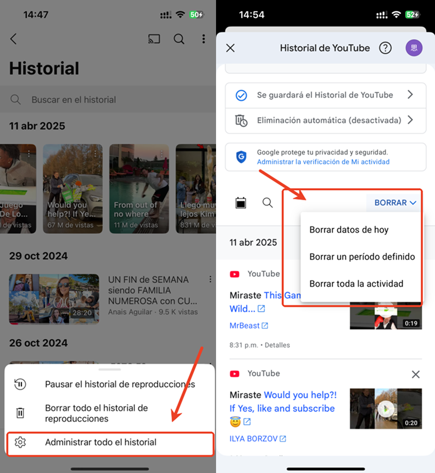 Borrar historial de búsquedas de youtube