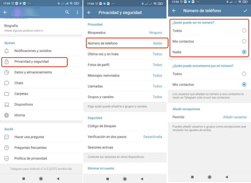 Configuración del número de teléfono de Telegram