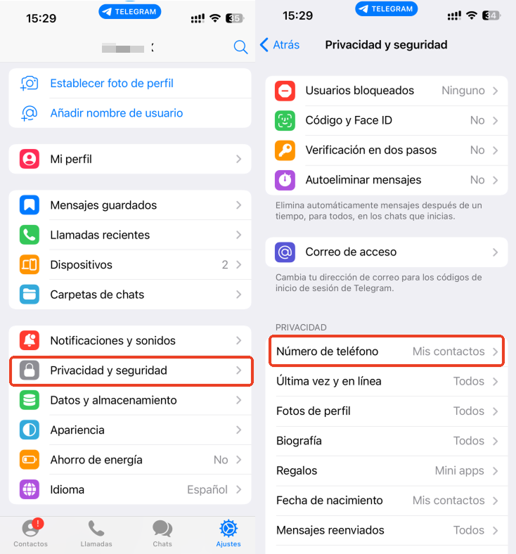 Controlar la privacidad de Telegram