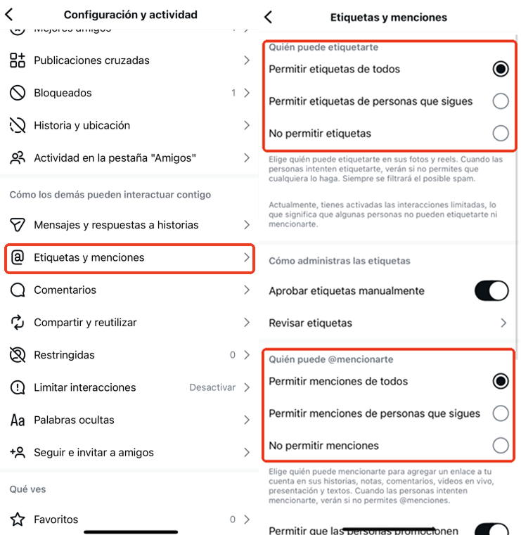 Controlar quién puede etiquetarte instagram