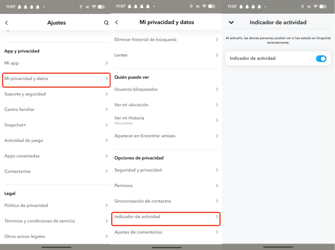 Desactivar el indicador de actividad de Snapchat