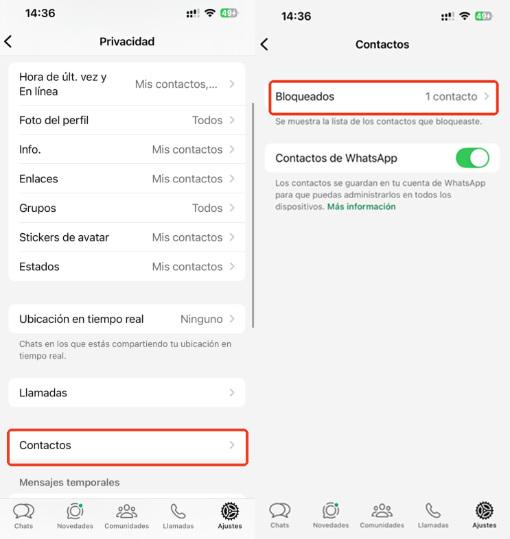 Desbloquear contactos de WhatsApp