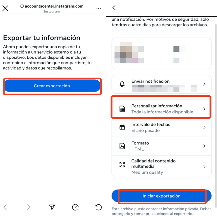 Exportar datos de la cuenta Ins