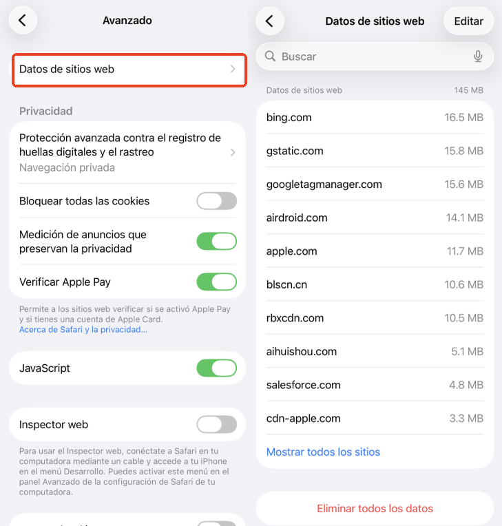 Historial de sitios web de Safari