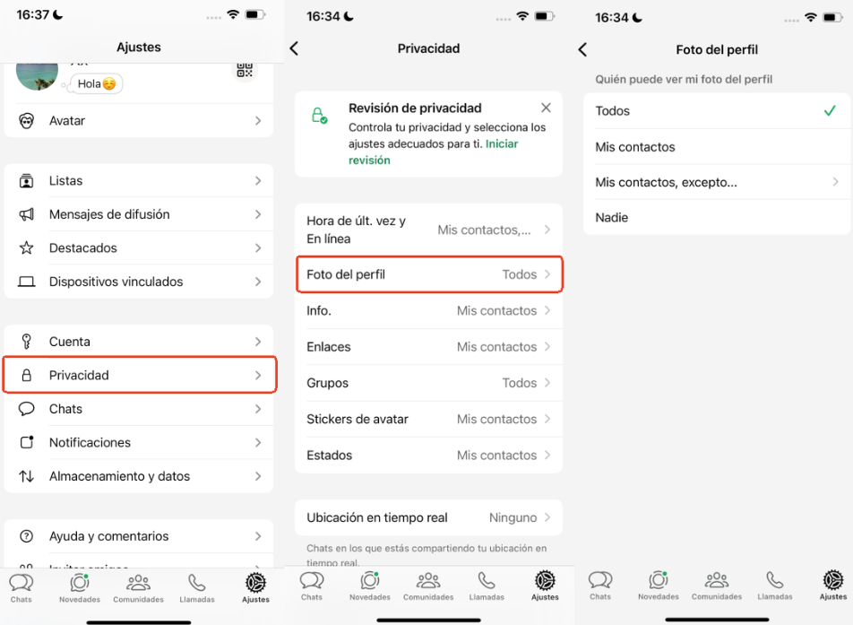 Limitar la visibilidad del perfil de WhatsApp