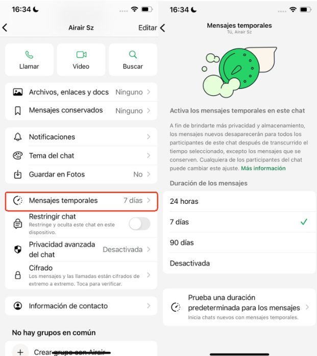 Habilitar mensajes que desaparecen en WhatsApp