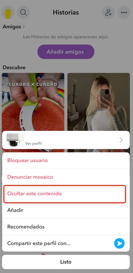 ocultar contenido en Snapchat Discover