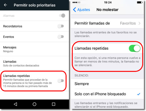 ajustes de permitir llamadas repetidas