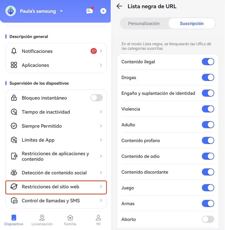 Restricciones del sitio web de AirDroid
