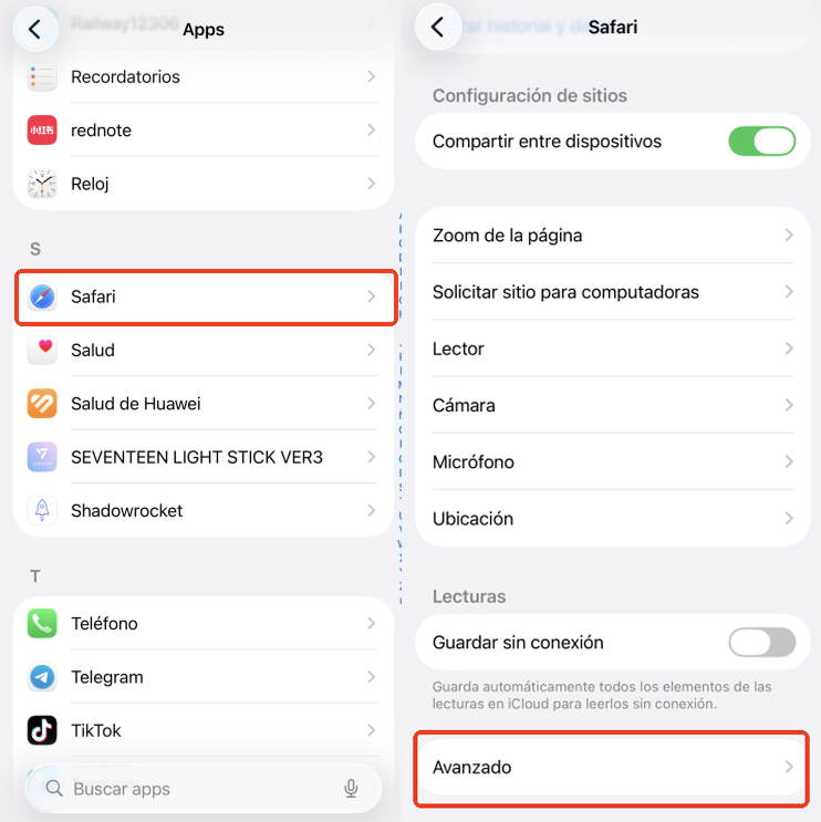 Sección Avanzado en los ajustes de Safari