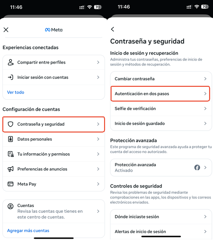 Selecciona Autenticación de dos factores en Facebook