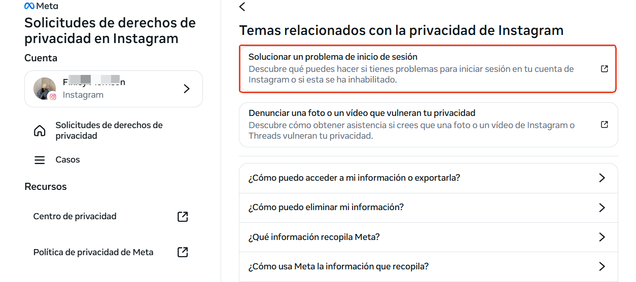 selecciona Solucionar un problema de inicio de sesión para Instagram