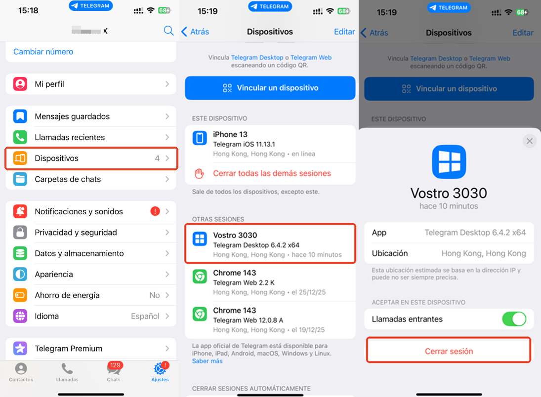 Terminar sesión de inicio de sesión en Telegram