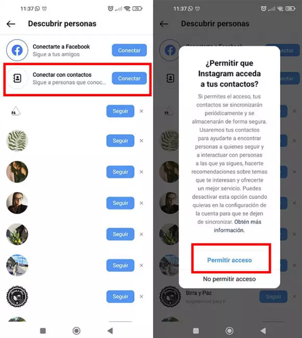 Toca Conectar contactos para sincronizar los contactos con Instagram.