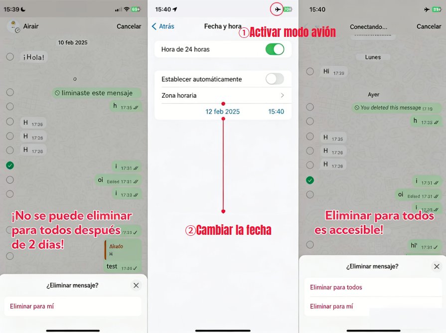 Utiliza el modo avión y cambia la fecha para eliminar mensaje de whatsapp