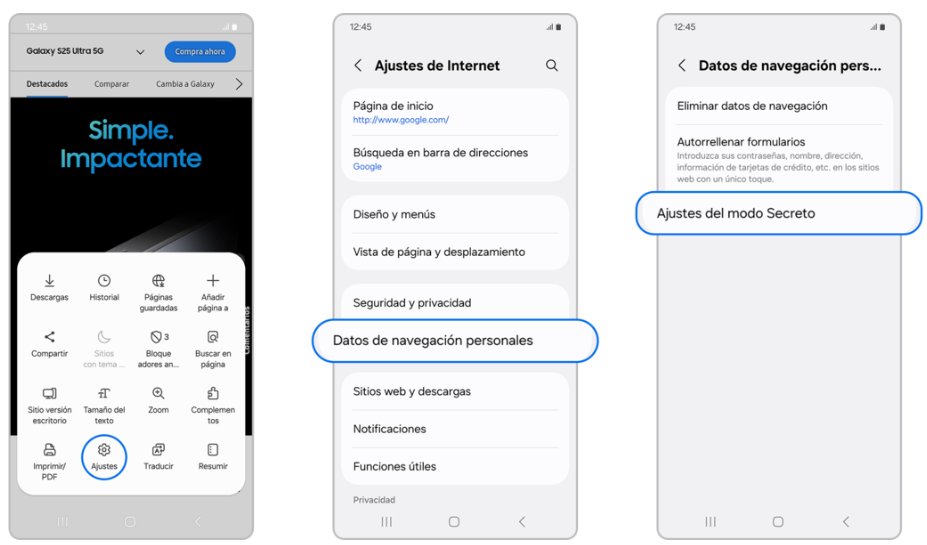 acceso Ajustes del modo secreto