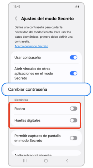 activar la autenticación biométrica para el modo Secreto