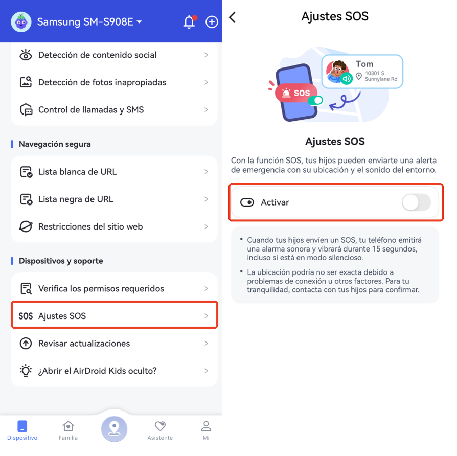 activar la configuración de SOS