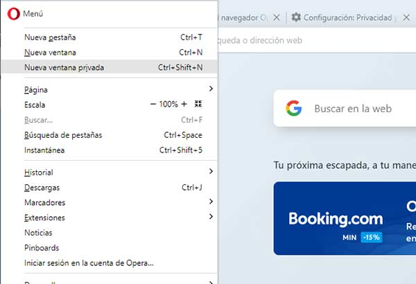 activar modo incógnito en pc opera