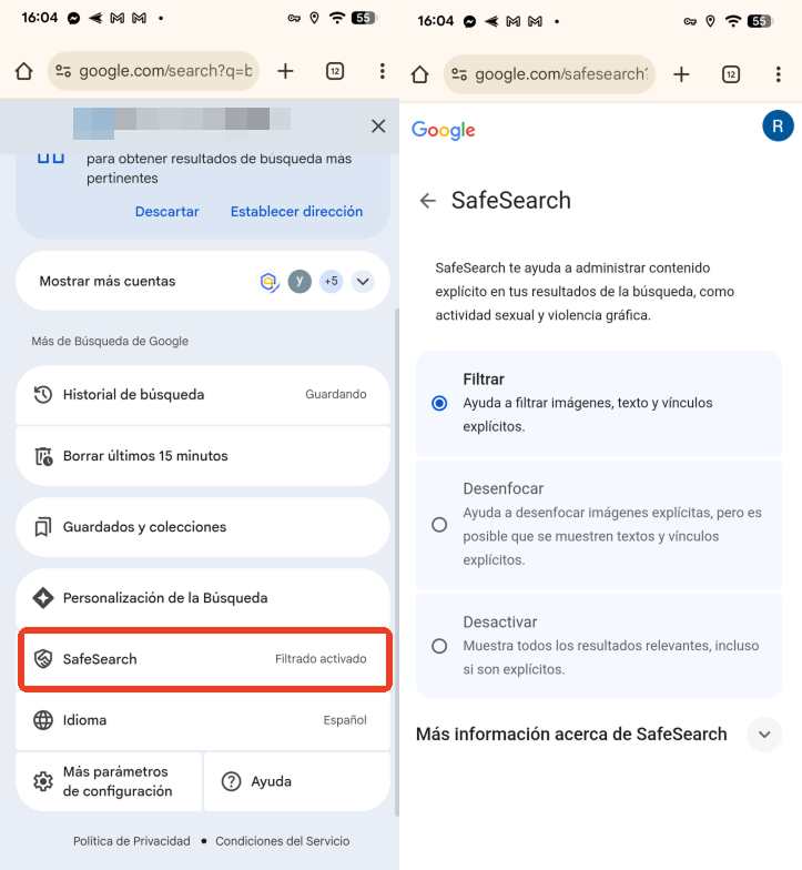 activar safesearch en android