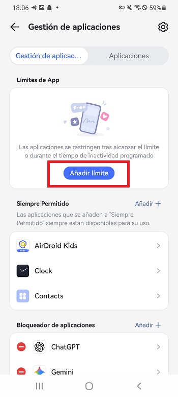 Añadir horario en Límites de la aplicación para Android