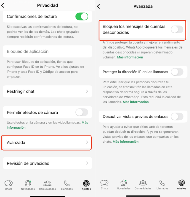 bloquear remitente desconocido en WhatsApp