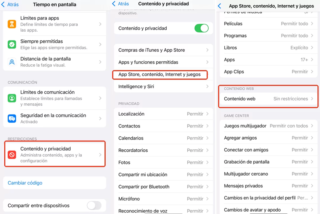 seleccionar restricciones de contenido y privacidad