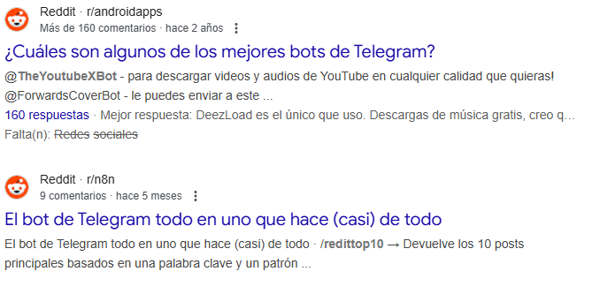 buscar bots en Telegram en Redes sociales como Reddit