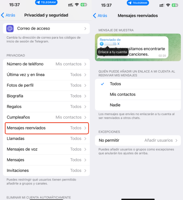 configuración de mensajes reenviados en Telegram