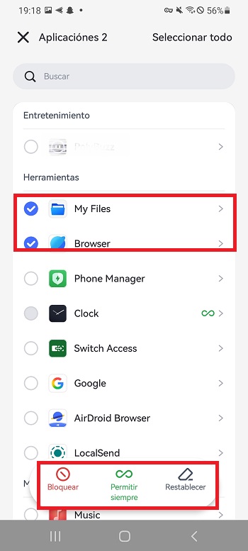 configuracion rapida para control de apps