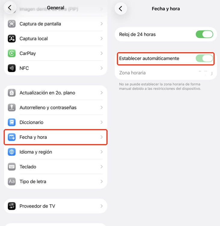 configurar fecha y hora automáticamente