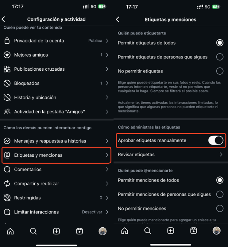 control etiquetas en instagram