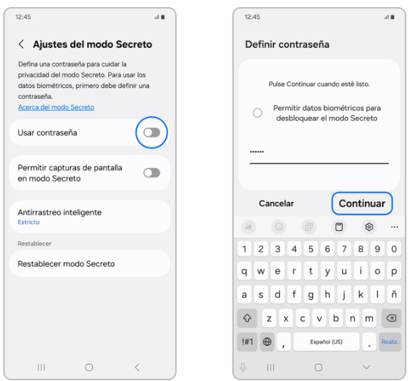 crear una contraseña para el modo Secreto
