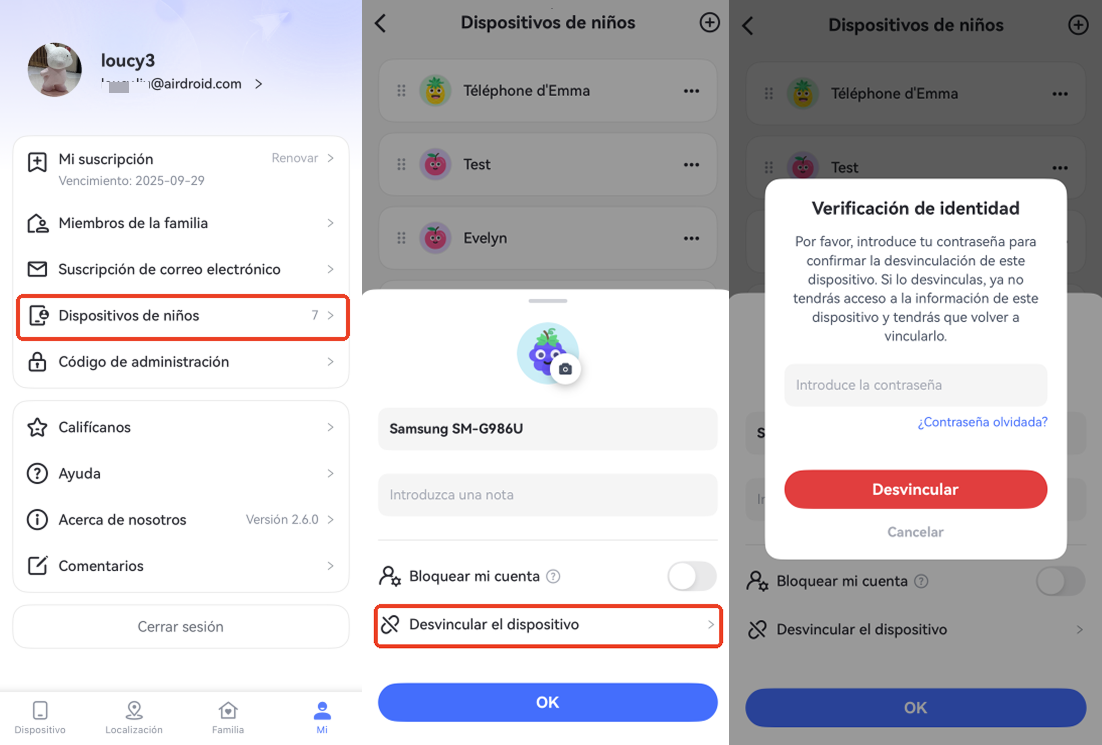 desvincular el dispositivo de niño