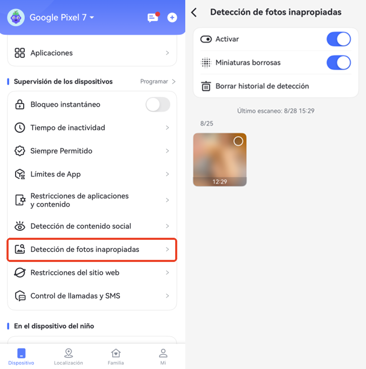 Detección de imágenes inapropiadas en AirDroid Parental Control