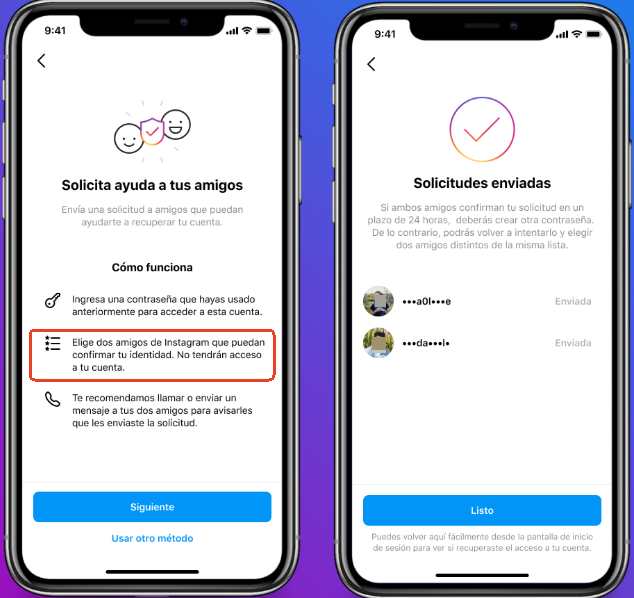 elige dos contactos para ayudarte a verificar la cuenta de Instagram